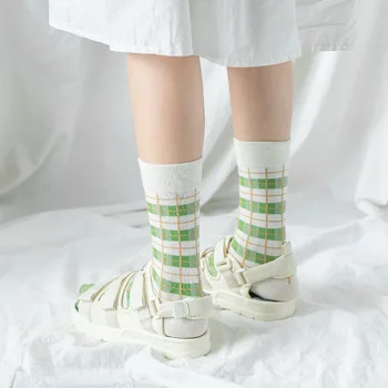 

Spring Summer lattice Lovers Socks Matcha Fresh Color Stripe Sock Cotton Long Tube Wear-resistant Soft Comfortable