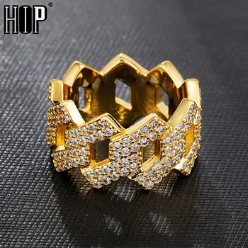 

Hip Hop Iced Out Bling Charm Cuban Chain Ring Mens Gold Color Cubic Zirconia Ring For Men Jewelry
