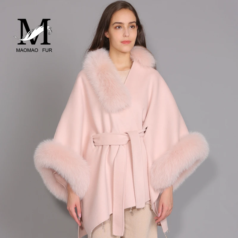 MAOMAOFUR кашемировое пальто воротник из натурального Лисьего меха манжета высокого качества плащ Женская негабаритная одежда белого и розового цвета Женская шерстяная накидка