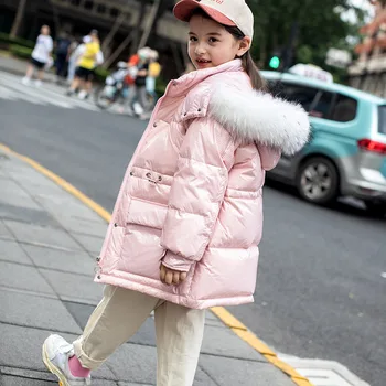 

OLEKID 2020 Winter Girls Shiny Down Jacket Real Raccoon Fur Korean Version Girls Winter Coat 4-11 Years Kids Outerwear Parka