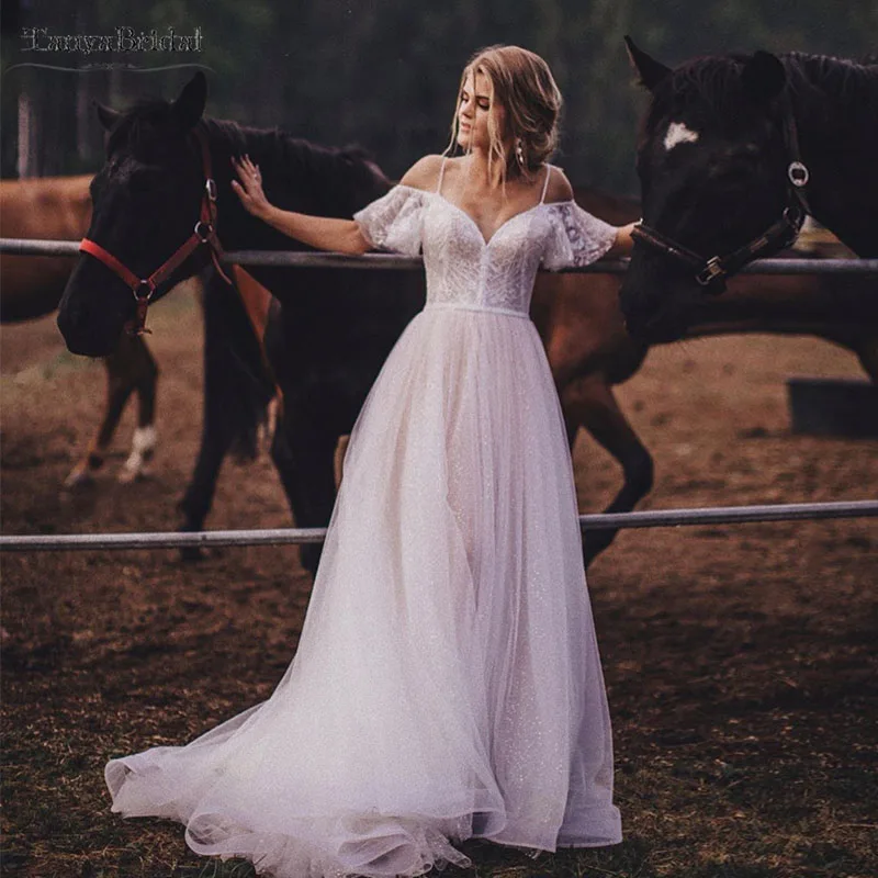 

Off Shoulder Bohemian Wedding Dresses Deep V-Neck Bridal Gowns A Line Robe De Soriee DW185