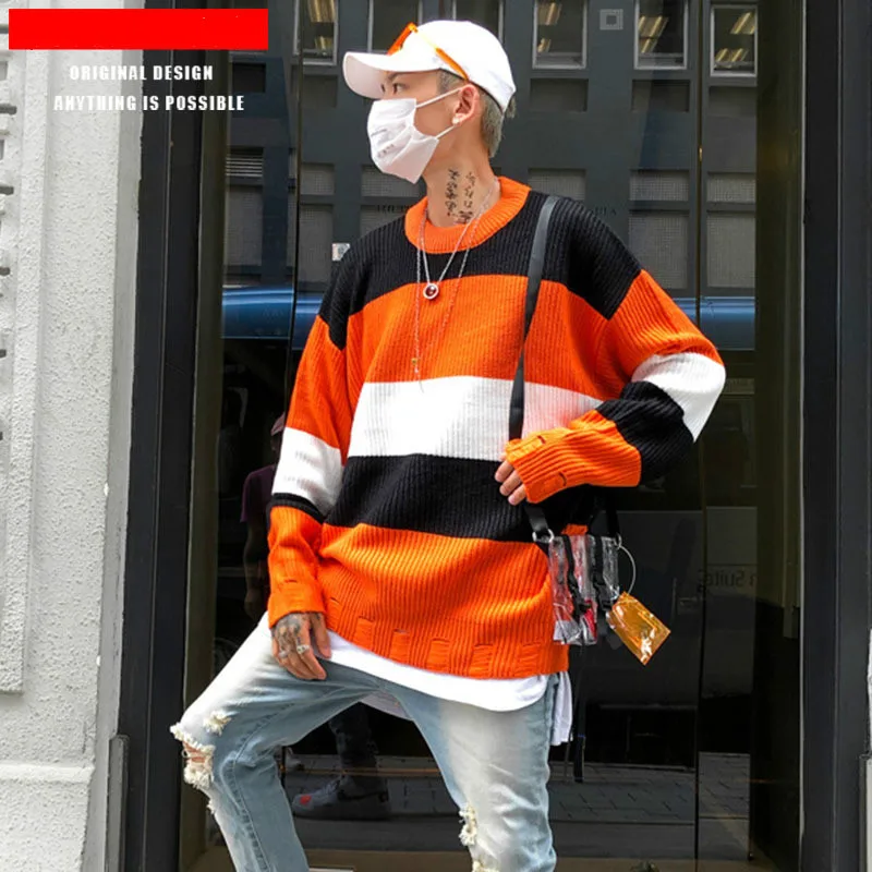 

Original chic brand men's autumn and winter new products High street color matching striped loose sweater men's sweater