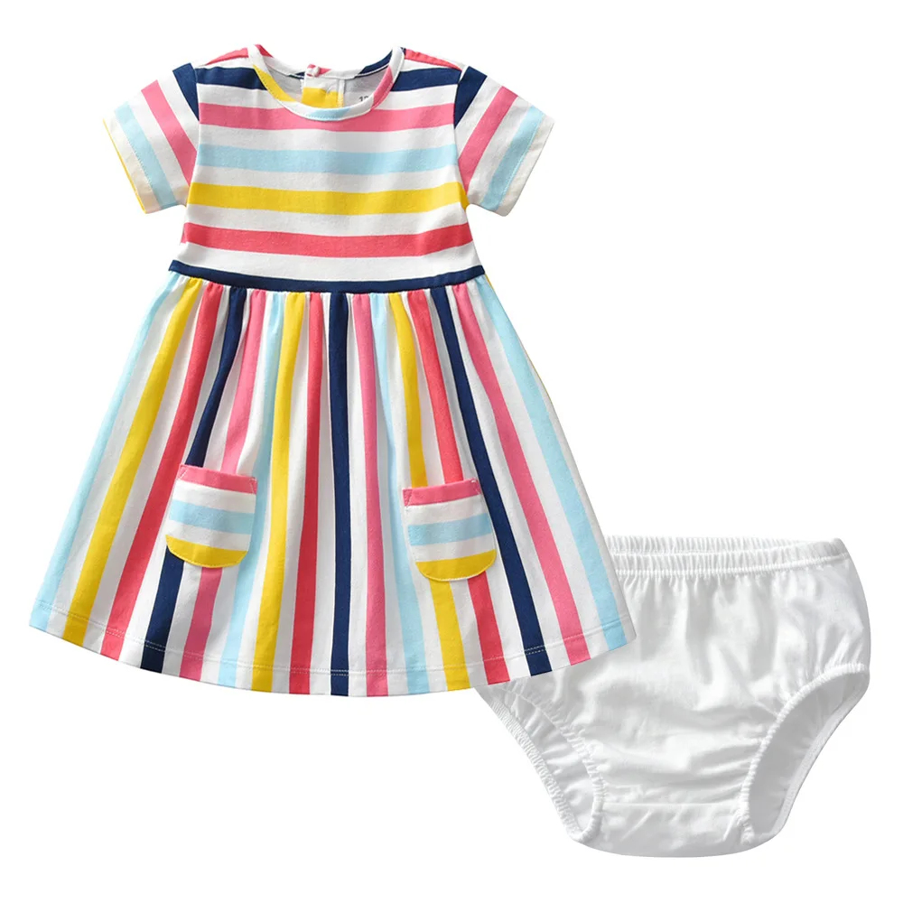 Детское платье и одежда для маленьких девочек милое Мягкое хлопковое платье с короткими рукавами+ трусы, комплект одежды, детская праздничная одежда для дня рождения - Цвет: Многоцветный