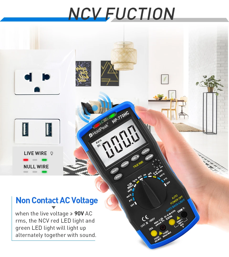 

HoldPeak HP-770HC True RMS Auto Ranging Digital Multimeter with NCV Feature and Temperature/Frequency/Duty Cycle Test dropship