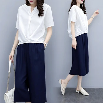 

Loose Cotton And Linen 2 Piece Set Women Elegante Casual Woman Two Piece Outfits Plus Size Clothes For Ladies Wide Leg Pants