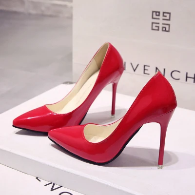 Модные удобные тонкие туфли телесного цвета на шпильке для работы женские туфли из лакированной кожи с острым носком на высоком каблуке 8 см; большие размеры - Цвет: red 10CM