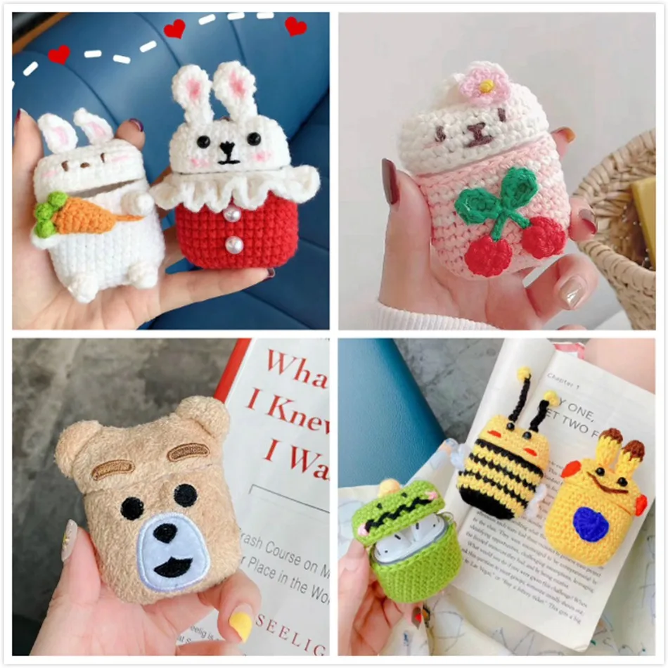 3D Cute Earphone Case for Airpods Cartoon Knitted plush Cover Apple 2 Teddy Dog Rabbit Earpods Accessories |