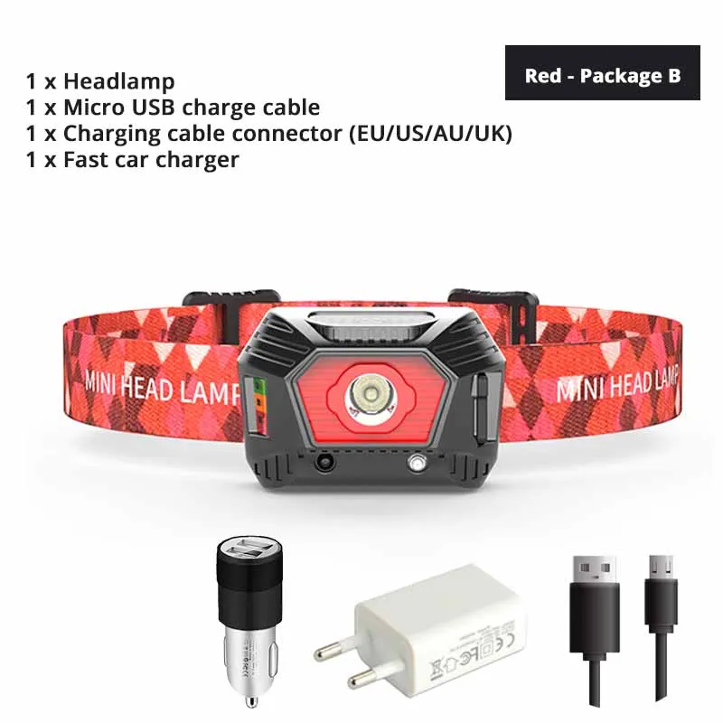 ИК-датчик светодиодный налобный фонарь USB перезаряжаемая фара с дисплеем питания 3 режима освещения Водонепроницаемая Рыбалка, ходовой свет - Испускаемый цвет: Red - Package B