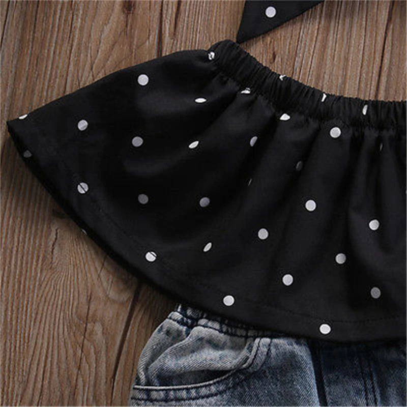 Baby Girl Summer Clothes Set Dot Sleeveless Top Vest Hole Jeans Pants Bow Headband Outfits 3pcs