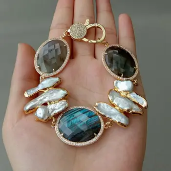 

Cultured White Biwa Pearl Yellow gold plateed Labradorite Bracelet 8''