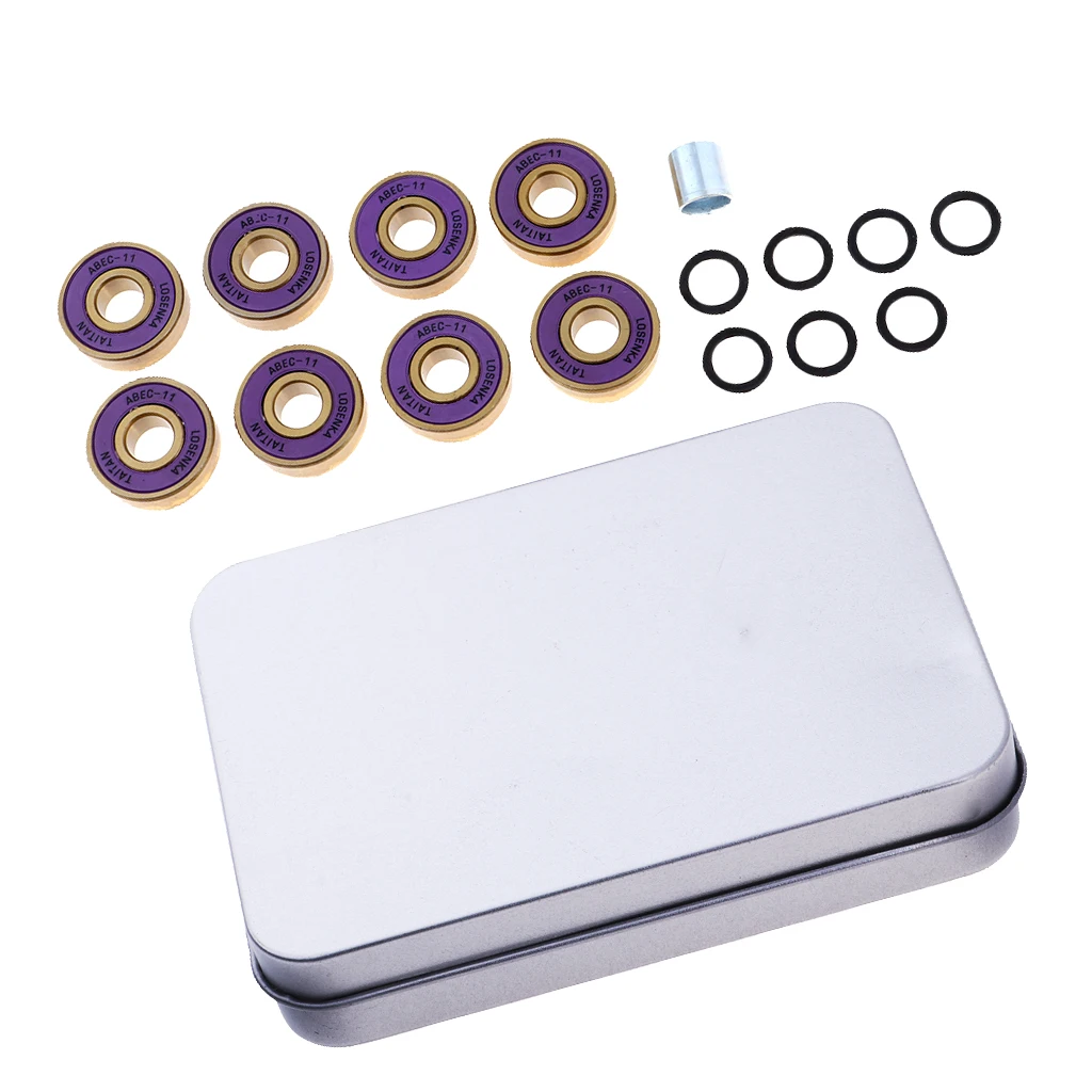 8 Titanium ABEC 11 Professional Ball Bearings, 4 Spacers For Skateboards And One