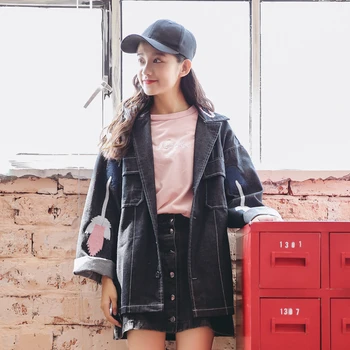 

Women Embroidery Jean Jacket 2019 Winter And Spring Turn-down Collar Loose Casual Female Jean Jacket