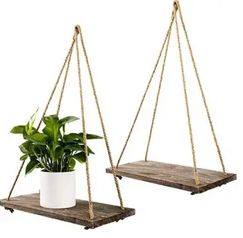 

2pcs Nordic Wall Hanging Shelves Organizer Wooden Tray Jute with Rope String Bonsai Flower Pot Basket Frame Rack Holder