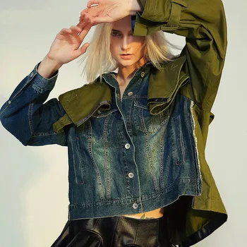 

2019 Autumn Winter Fashion Tide Loose Fit Splicing Hit Color Short Denim Jacket New Lapel Long Sleeve Women Coat