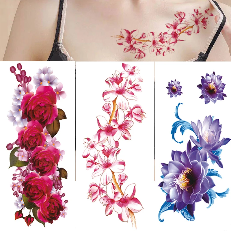 Flash Temporaire à Coller - Tatouage 3D Fleurs Rose - Jetable - Neuf