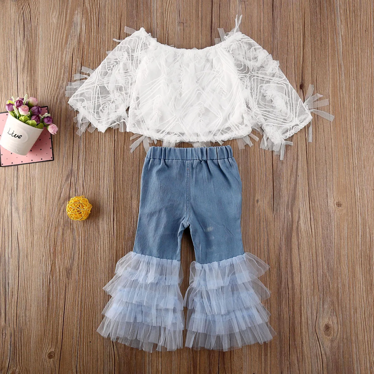 

Boutique Kid Clothes Summer Toddler Baby Kid Girl Clothes Lace Off Shoulder Tops+ Ruffle Hole Denim Pants 2pcs Outfit
