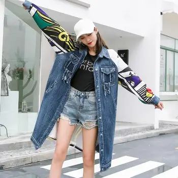 

New Boyfriend Style Printed Casual Loose Coat Vintage Denim Jacket Women Long Sleeve Jackets
