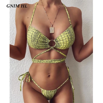 

GNIM Sexy Snake Print Swim Bathing Suit Bandage Bikini Swimwear Women 2020 Summer Backless Thong Swimsuit Two Pieces Biquini Set