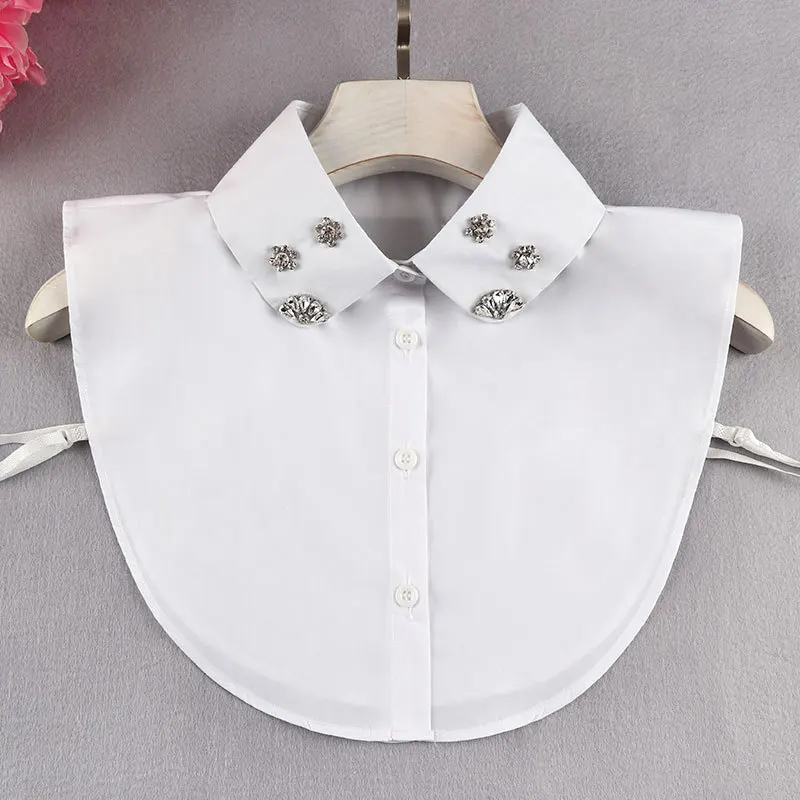 

Vintage Beads False Collar for Womens White Solid Cotton/Chiffon Female Detachable Collar Lapel Ladies Decoration Blouse Top