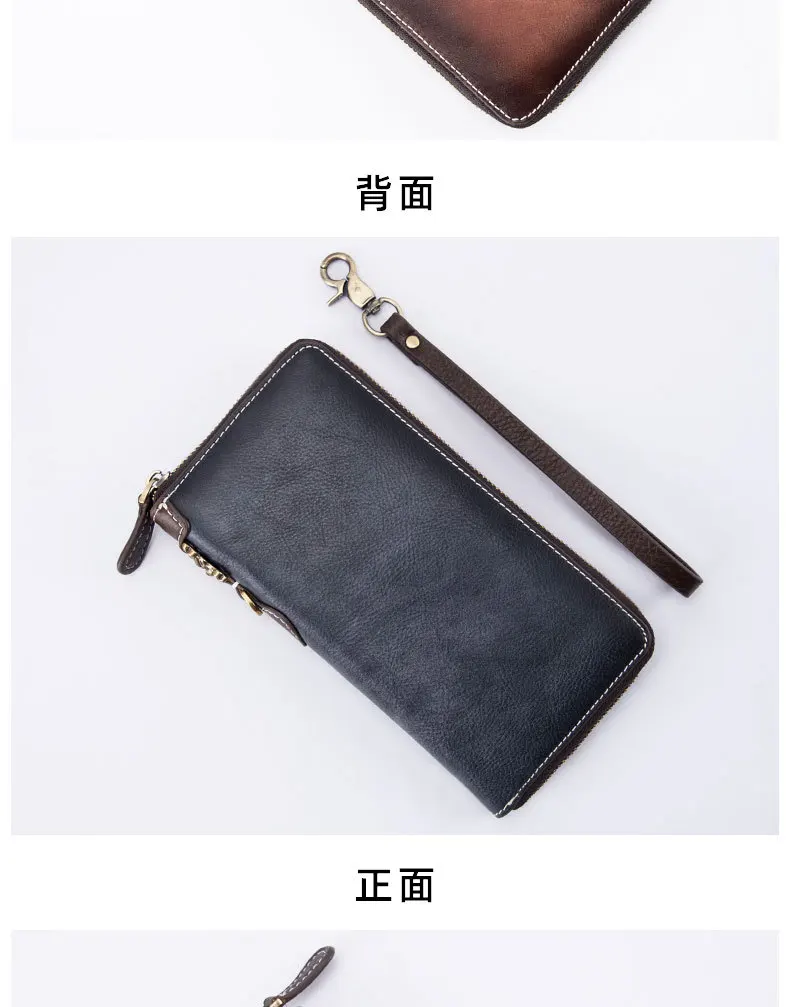 Male Zipper Long Wallet Money Wrist Bag Credit Cards Holder Cell Phone Case Pocket Clutch Handy Bags Genuine Leather Men Purse