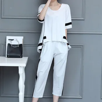 

Plus Size Suit O-Neck Short Top And Pants 2 Piece Set Women Vintage Temperament Loose Suit White And Black Outfits