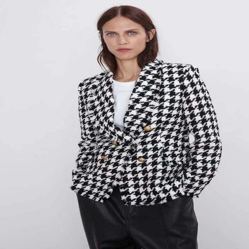 Лидер продаж высокое качество для женщин tweedblazer пальто мода плед двубортный верхняя одежда женский элегантный slim fit с длинным рукавом Топы - Цвет: Многоцветный
