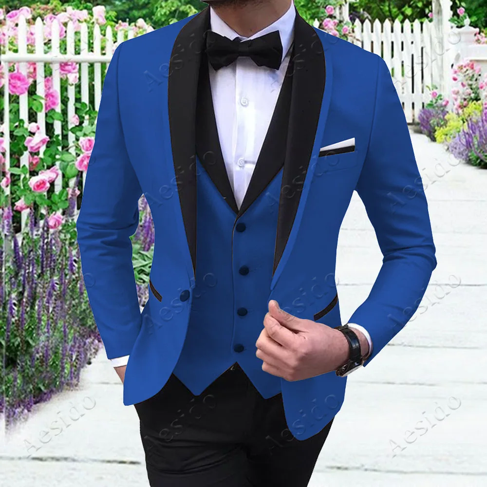 Aesido Fashion Men's Suits Slim Fit Prom Tuxedos Shawl Lapel Blazer Vest Pants 3 Pieces Suit Set Groomsmen for Wedding