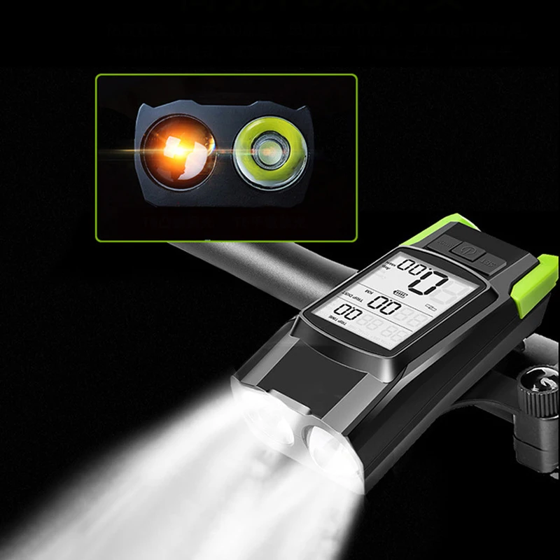 BIKIGHT 3-in-1 Bicycle Speedometer Wireless USB Rechargeable Double T6 LED Bike Light Computer with Alarm Horn