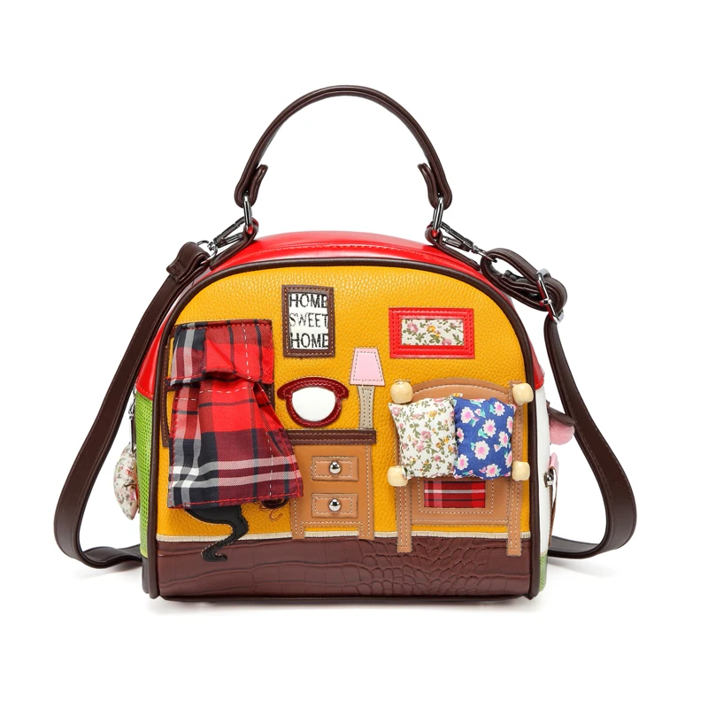 Женские сумки на плечо, кожаная Лоскутная Вышивка, сумка-мессенджер, сумки, сумки Braccialini, фирменный стиль, мультяшный теплый дом S