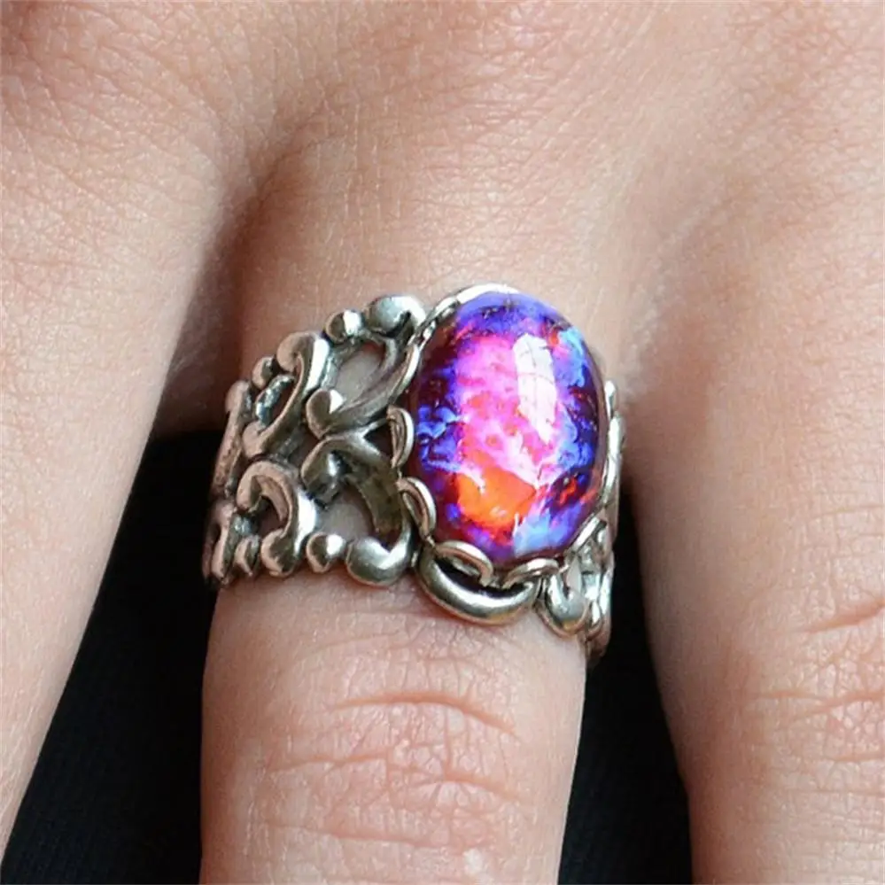

Classic Lady Rings Elliptical Color Crystal Engraved Joint Silver Ring Personality Female Engagement Party Jewelry Accessories
