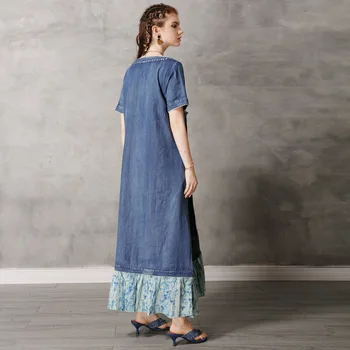 

A2020 summer new loose cheongsam V-neck denim dress retro stitching fabric fashion is tall and large size loose dress