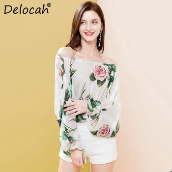 

Delocah Spring Summer Women Shirt Fashion Ruwan Women Sexy Strapless Rose Floral Printed Casual Thin Section Female Silk Shirts