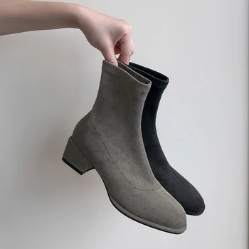 

Women's genuine suede leather slip-on med heel ankle boots stretch black slim autumn short booties high quality female shoes hot
