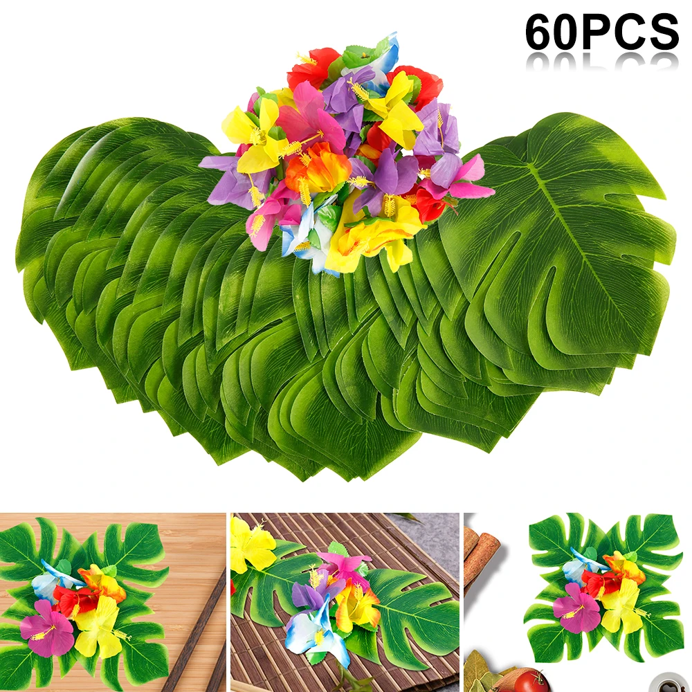 

60pcs Tropical Palm Leaves Hibiscus Flowers Simulation Blatt Hawaiian Party Jungle Strand Thema Table Decorations