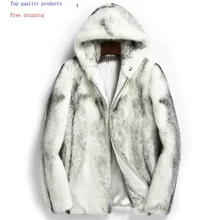Настоящая норковая шуба, Мужская теплая зимняя куртка с капюшоном, короткий натуральный мех, белое роскошное пальто, мужские норковые куртки KJ1509
