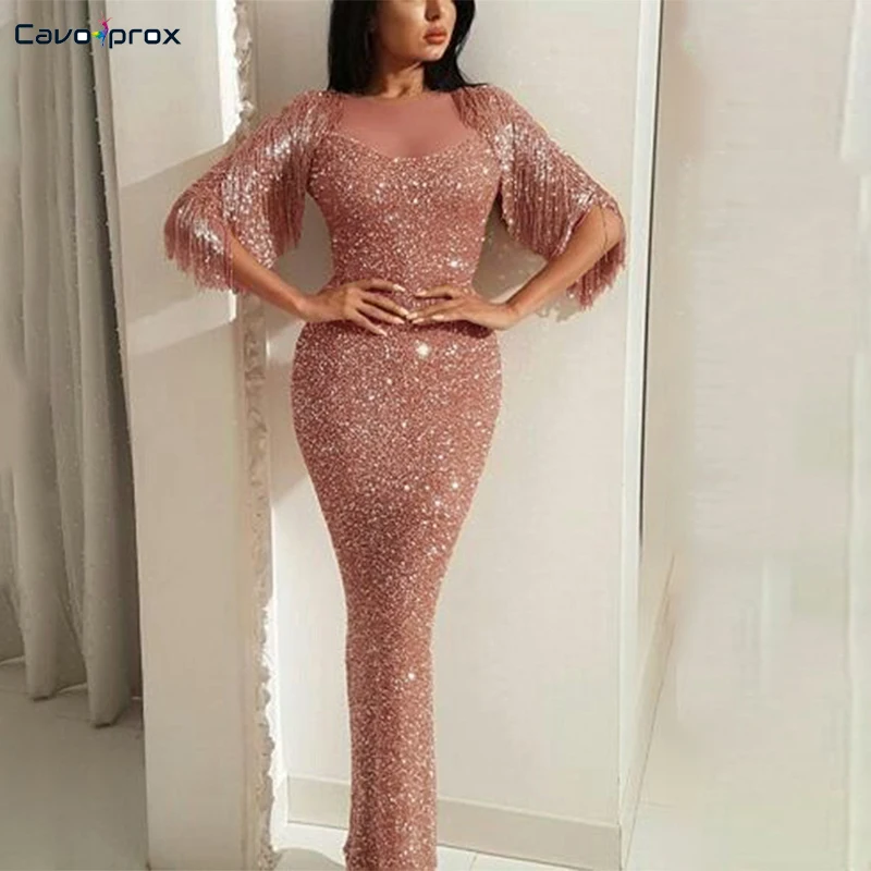 

Women Sequined Tassel Sleeve Bodycon Mermaid Dress Trumpet Solid Floor-Length O-Neck Elegant Night Club Slim Maxi Party Dress