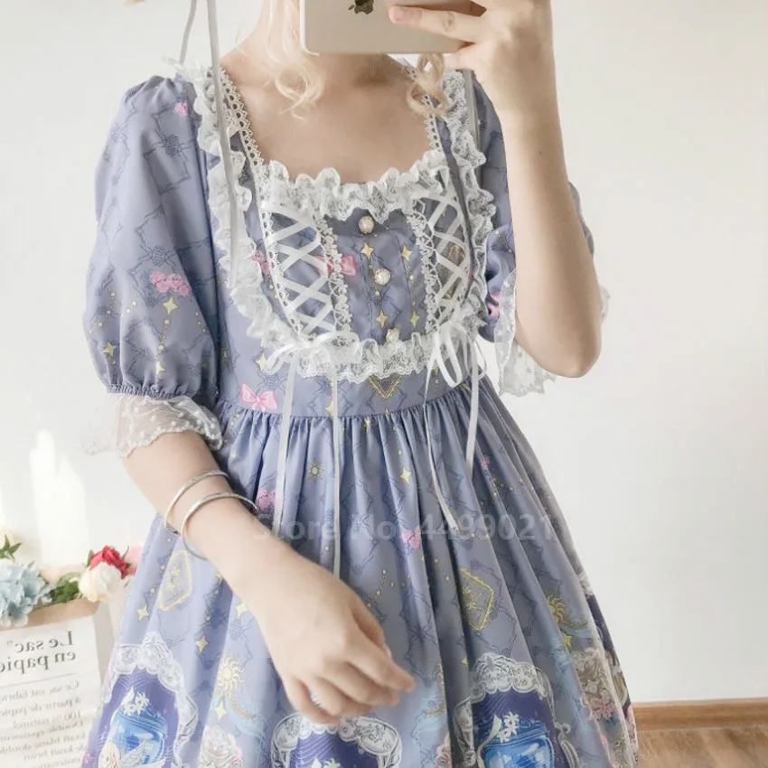 Женское платье в стиле Лолиты, плиссированное, кружевное, с принтом, Kawaii JSK OP, Тюлевое, жемчужное, мягкое, для сестры, коллаж, стильные, милые, чайные, вечерние, юбки