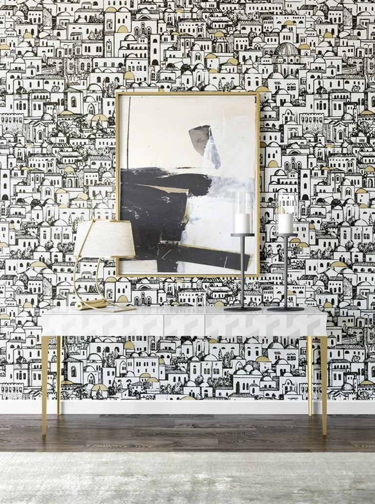 mediterrâneo nórdico papel de parede com edifícios de arquitetura papeete corta estilo escandinavo