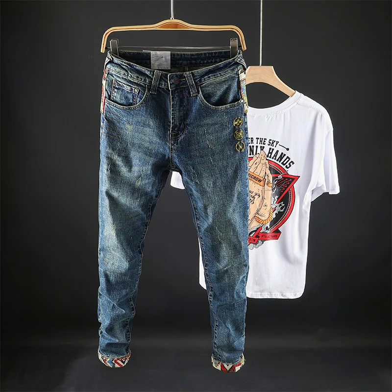 Fashion Streetwear Jeans High Quality Elastic Slim Fit Embroidery Designer Denim Pants Japanese Style Patchwork Trousers