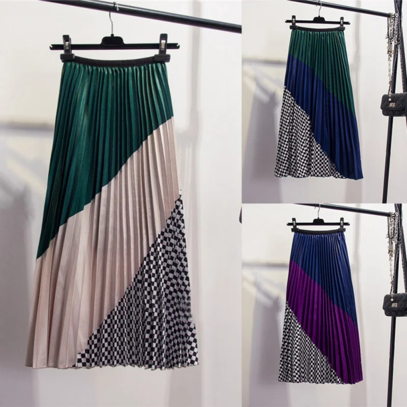 

2019 Spring New Color Matching Plaid Pleated Skirt High Street Style Mid-Calf Empire Striped Women Skirts Vintage Female Skirt