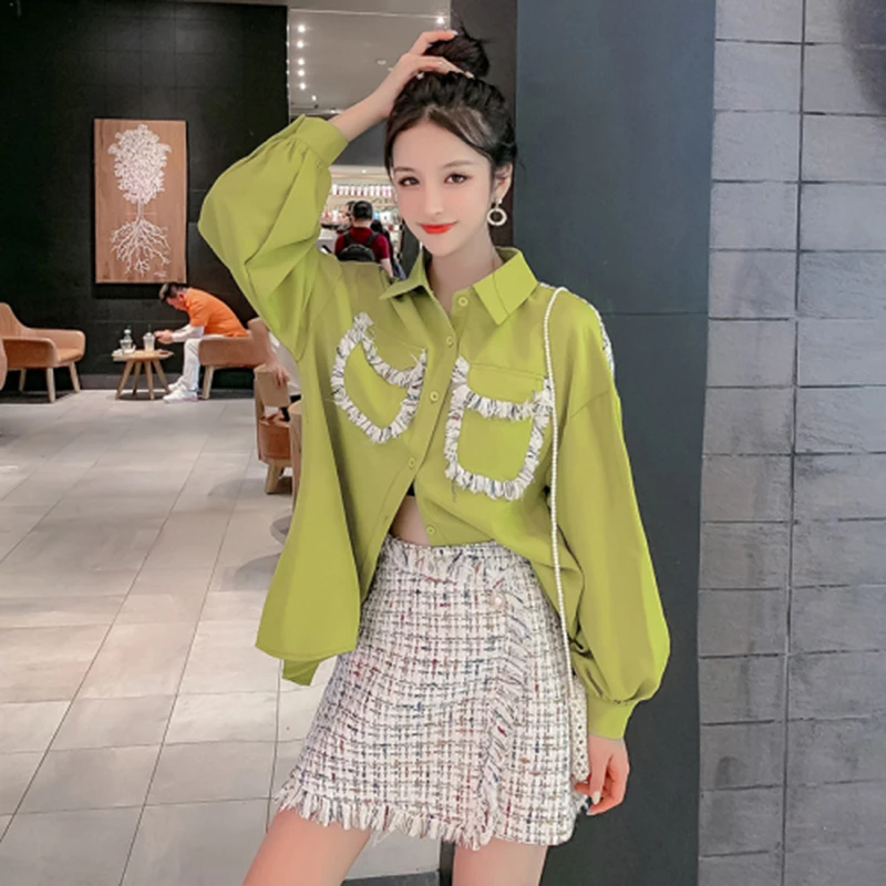 New Arrival Autumn Korea Fashion Women Two Piece Set Skirt Green Blouse+high Waist Tassel Mini Skirt Set 2 Piece Skirt Set D535