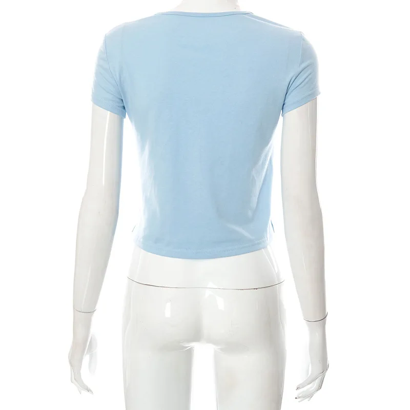 ALLNeon Cute 2000s Aesthetics Letter Print Blue Baby Tees Y2K Streetwear O-neck Short Sleeve Crop Tops Women Fashion 2022 Slim