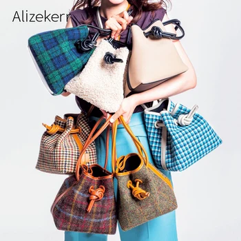 

Fashion Woollen Houndstooth Bucket Bag Women Totes Retro Plaid Synthetic Fleece Ladies Shoulder Purses Drawstring Handbag Casual