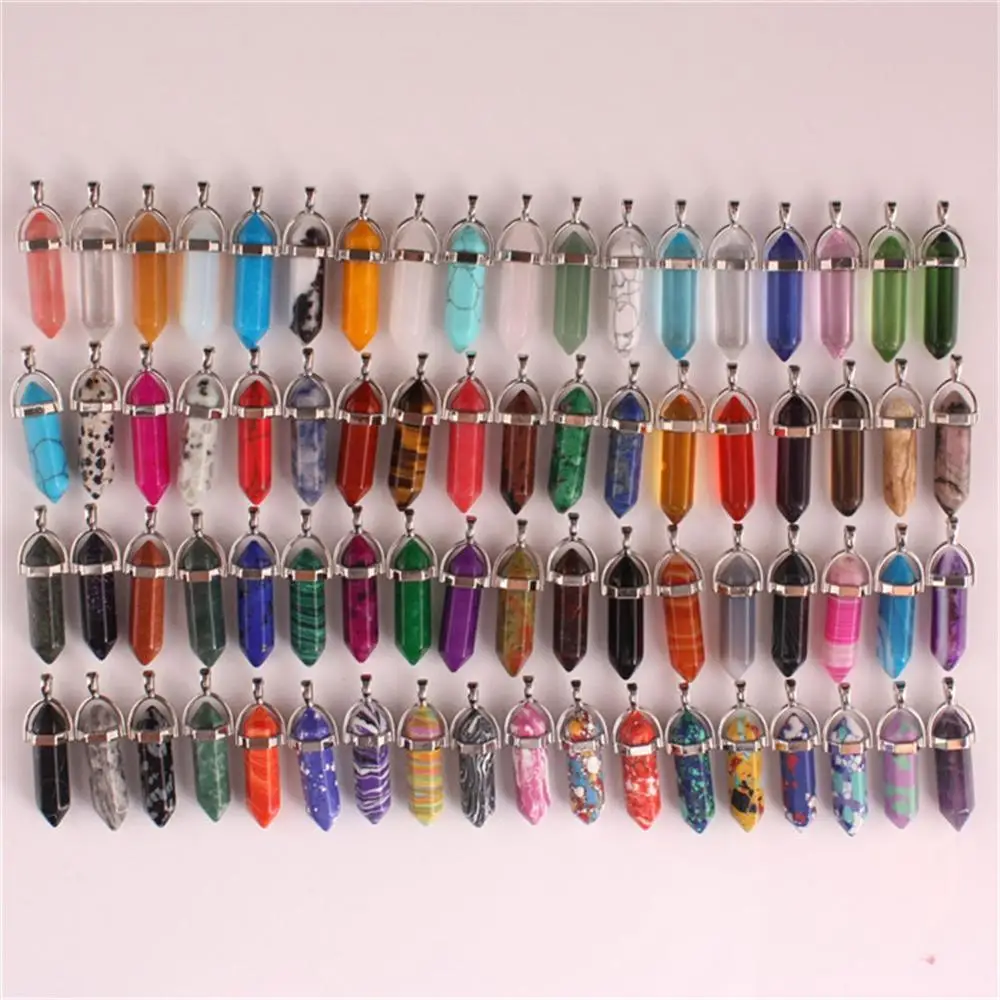 

Wholesale 24pcs/lot Natural Stone Roses Quart Crystal Rhodonite Fluorite Pillar Charms Chakra Pendulum Pendants for Making Free