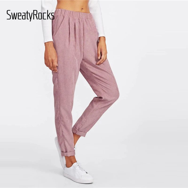 SweatyRocks/розовые брюки с искусственным клапаном и карманом на спине и шнуром для активного отдыха, однотонные брюки-галифе, женские повседневные длинные штаны для активного отдыха