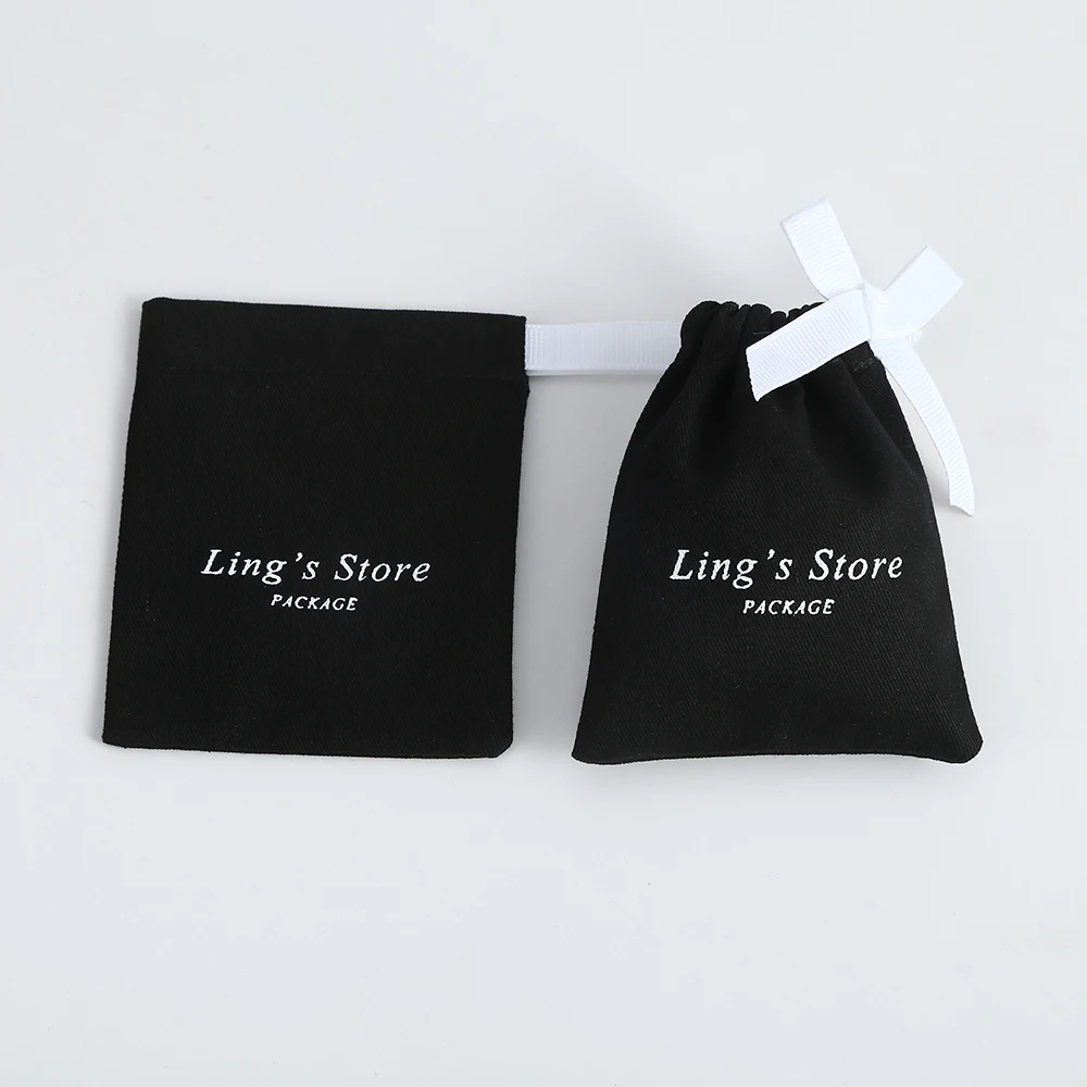 50pcs Jewelry Packaging Black Cotton Canvas Pouch Bags Custom Drawstring Bags Personalized Logo Printed Jewelry Package Gift Bag