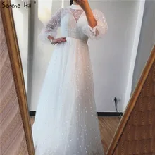 Белое платье с круглым узором в горошек, а-силуэт, сексуальные платья для выпускного вечера,, длинные рукава-пузырьки, Простые Вечерние платья, длинные платья Serene Hill LA70231