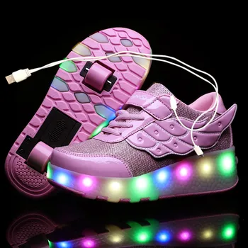 

Children One Two Wheels Luminous Glowing Sneakers Gold Pink Led Light Roller Skate Shoes Kids Led Shoes Boys Girls USB Charging