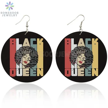

SOMESOOR Both Sides Printed Black Queen Big Hoops African Wooden Drop Earrings Afro Strong Sayings Design Jewelry For Women Gift