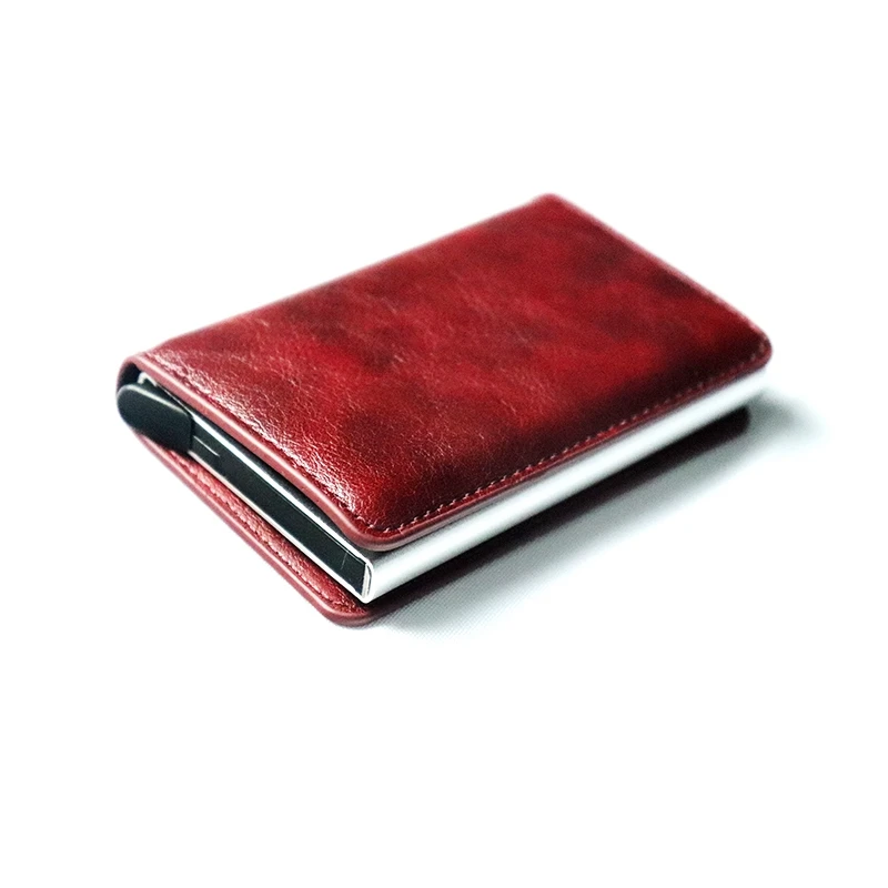 RFID Blocking Credit Card Holder Genuine Leather Men ID Card holder Mini Wallet Vintage Metal Automatic Anti-theft Card Wallet